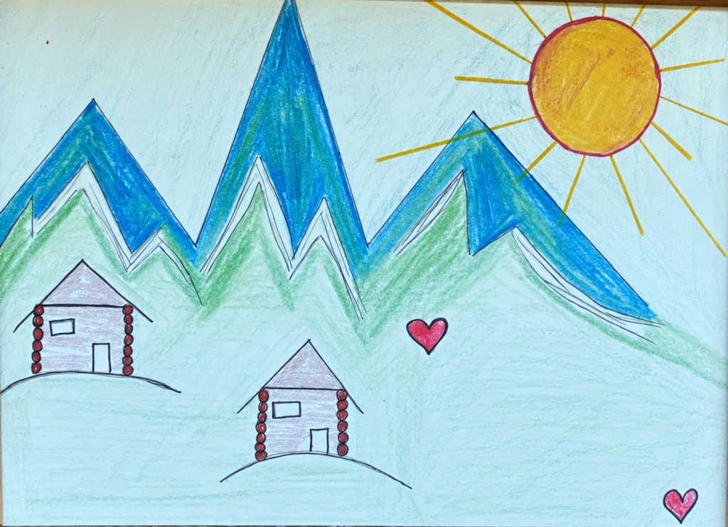 Gezeichnete Berge, Sonne und zwei Hütten